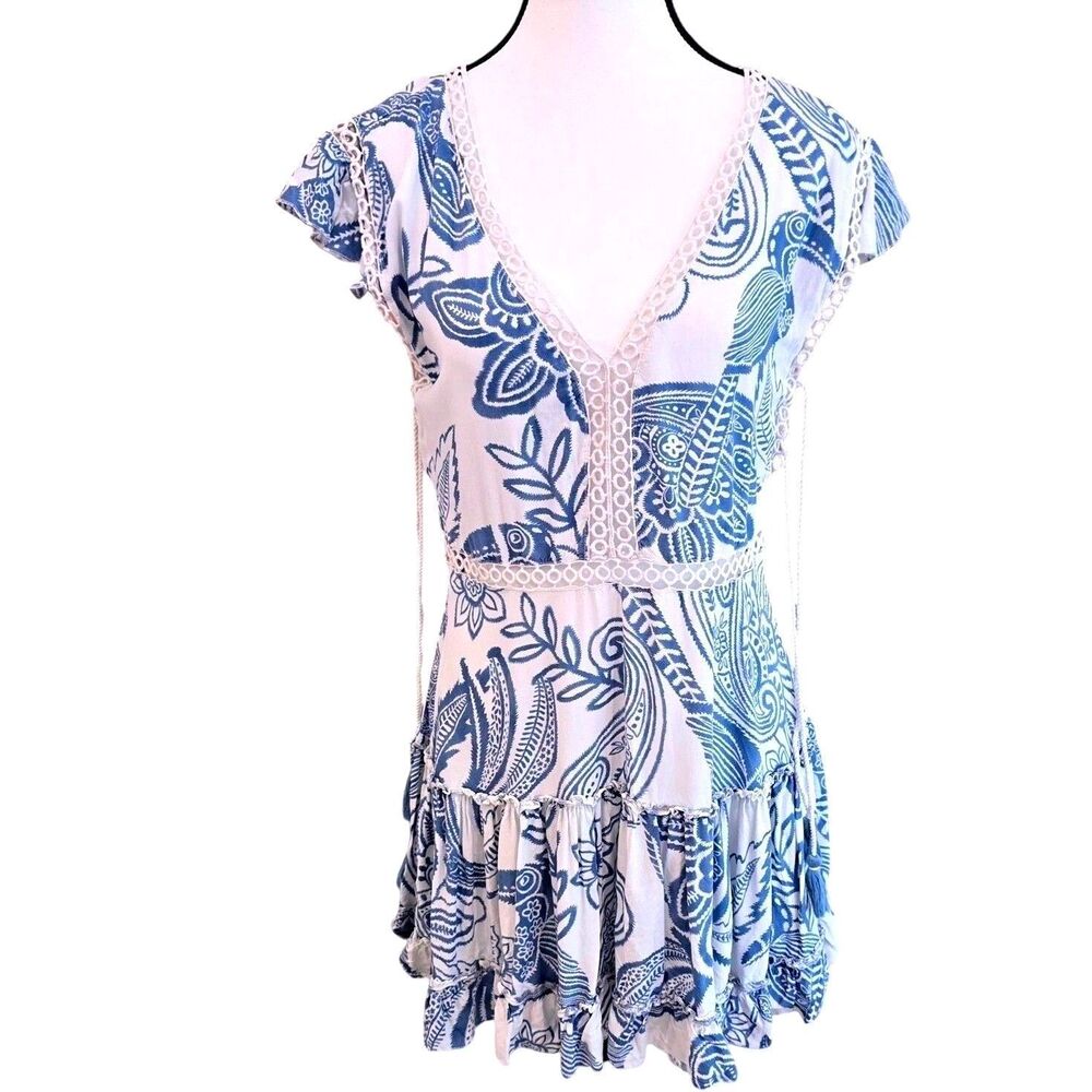 Z&L EUROPE Tassel Tie Lace Ruffle Tiered Dress Blue White‎ Paisley Size M